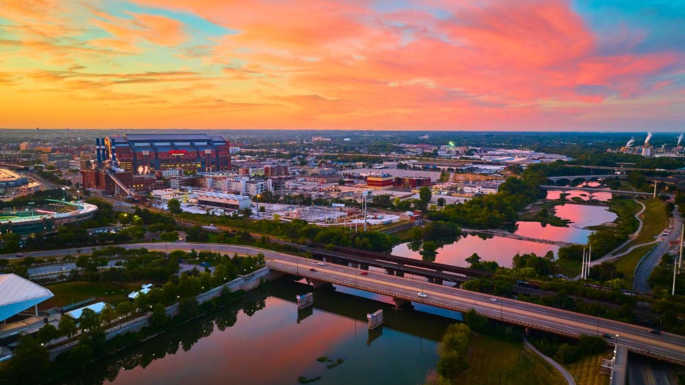 Aerial Golden Hour Sunset over Indianapolis Stadium and River | PCS Adventures
